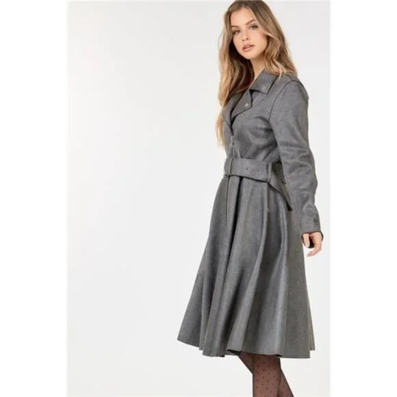 Grey - Waist Belt Long Sleeve Faux Suede Coat/ Zipper & Button Detail - Picture 3 of 5